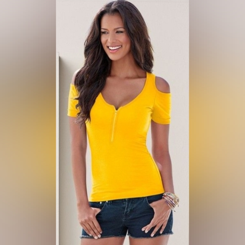 Splash Yellow Fitted Cut Out Blouse